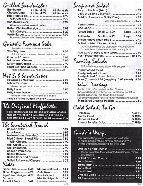 Guido's ravenna ohio - Family Salads. All Family Salad serve about 8-10 people. Extra - Cheese: $1.99; Veggies: $1.49; Meat: $5.99. Salad Dressings: Golden Italian, Creamy Italian, Bleu Cheese, Thousand Island, Ranch, Fat Free Italian, Sweet-n-Sour, Balsamic Vinaigrette, Fat Free Honey Mustard and Caesar. Extra Salad Dressing Packets: $0.55. 